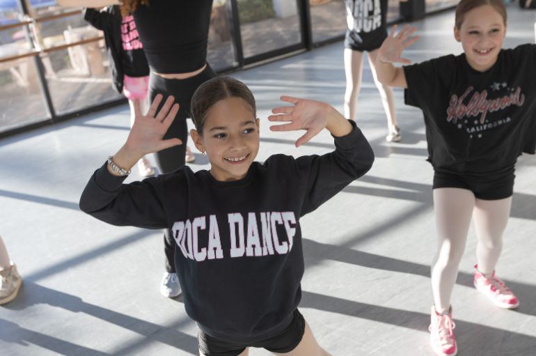 Grade-school dancers in class at Boca Dance Studio